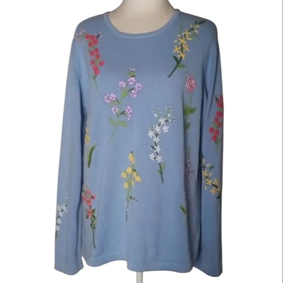 The Quacker Factory Blue All Over Floral Embroidered Cotton Blend Sweater Large - Picture 1 of 8